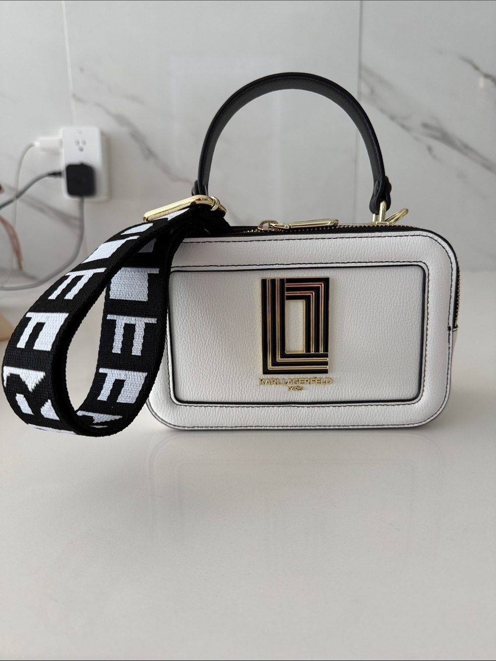 Karl Lagerfeld White Leather Box Camera Bag with Black Logo Strap
